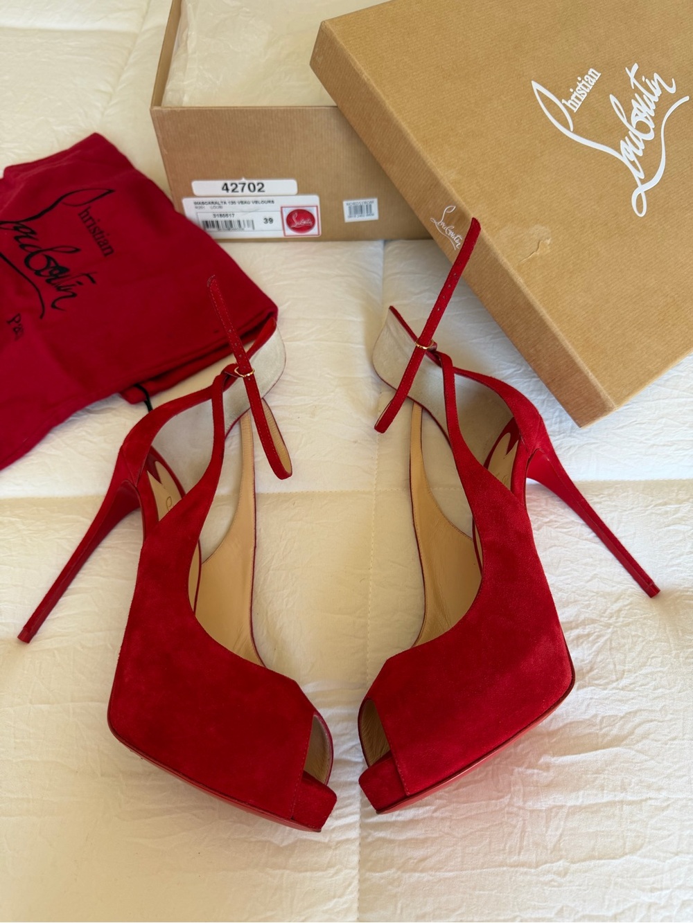 Christian Louboutin Mascaralta Red Suede Peep-Toe Slingback Stilettos